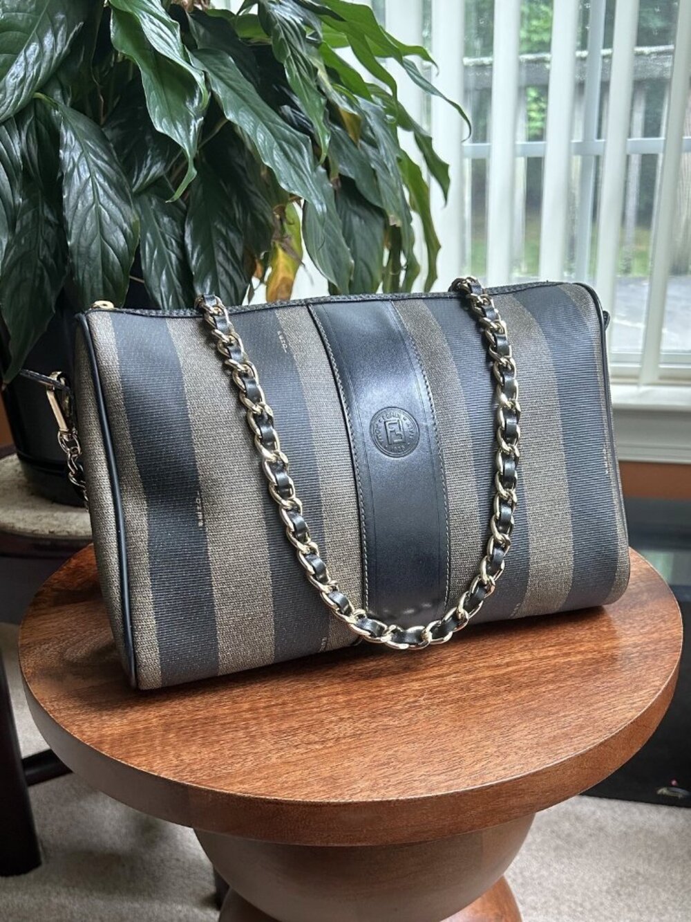 FENDI Pequin Stripe Shoulder Bag, Tobacco and Black